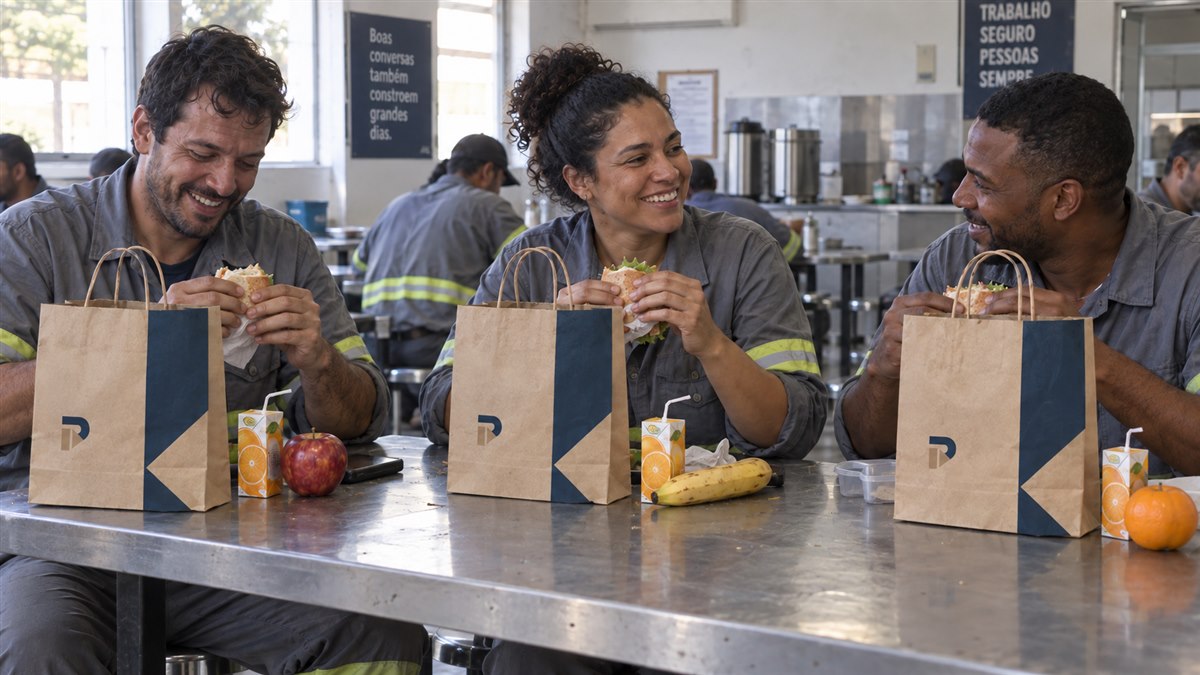 Kits de lanche PRUMO em embalagem kraft.