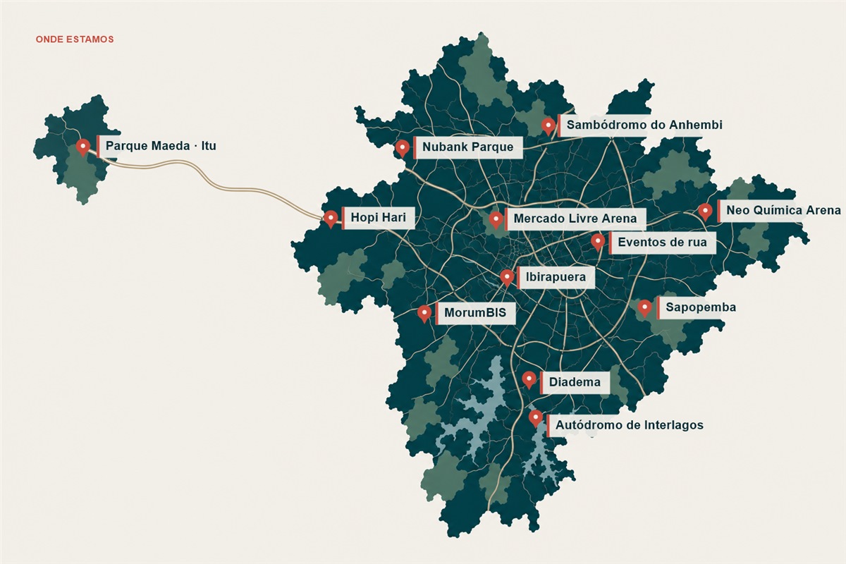 Mapa ilustrativo da atuação da PRUMO em São Paulo e Itu, com os locais atendidos destacados e identificados ao lado de seus respectivos marcadores.