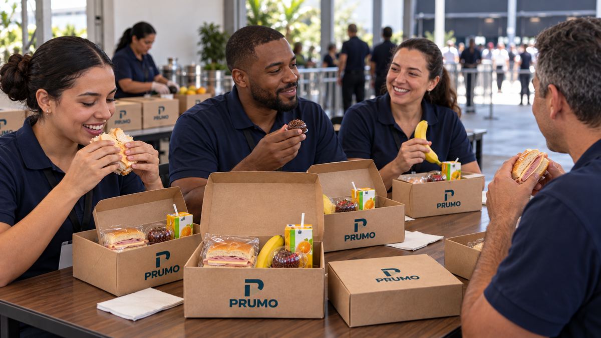 Equipe reunida com kits de lanche PRUMO em uma operação profissional.