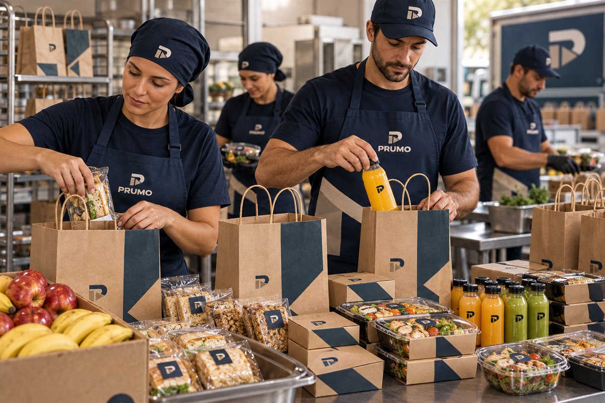 Equipe PRUMO monta kits de lanche em embalagens kraft com identidade oficial.