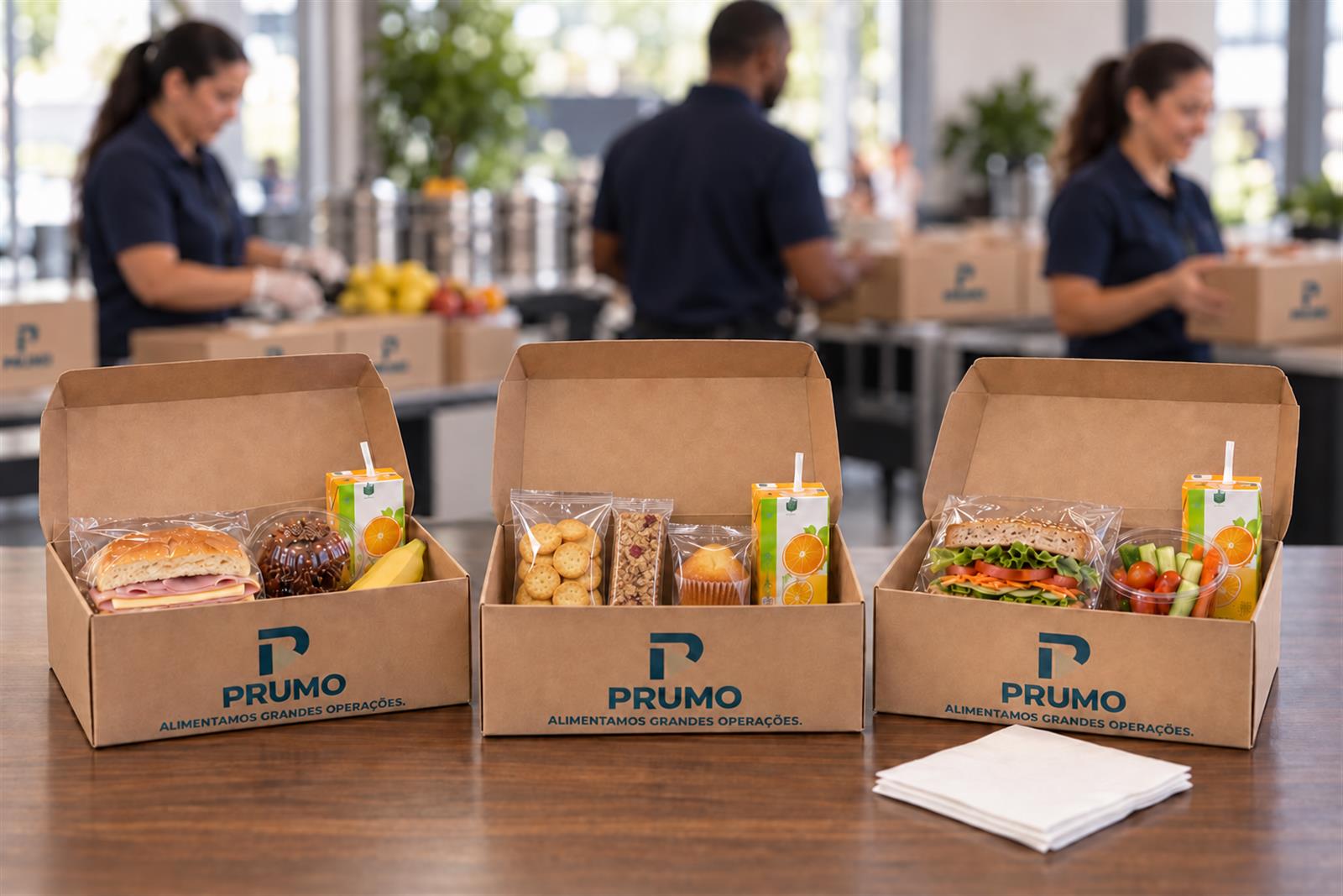 Três kits de lanche PRUMO em embalagens kraft: sanduíche, kit seco com itens embalados e opção vegetariana.