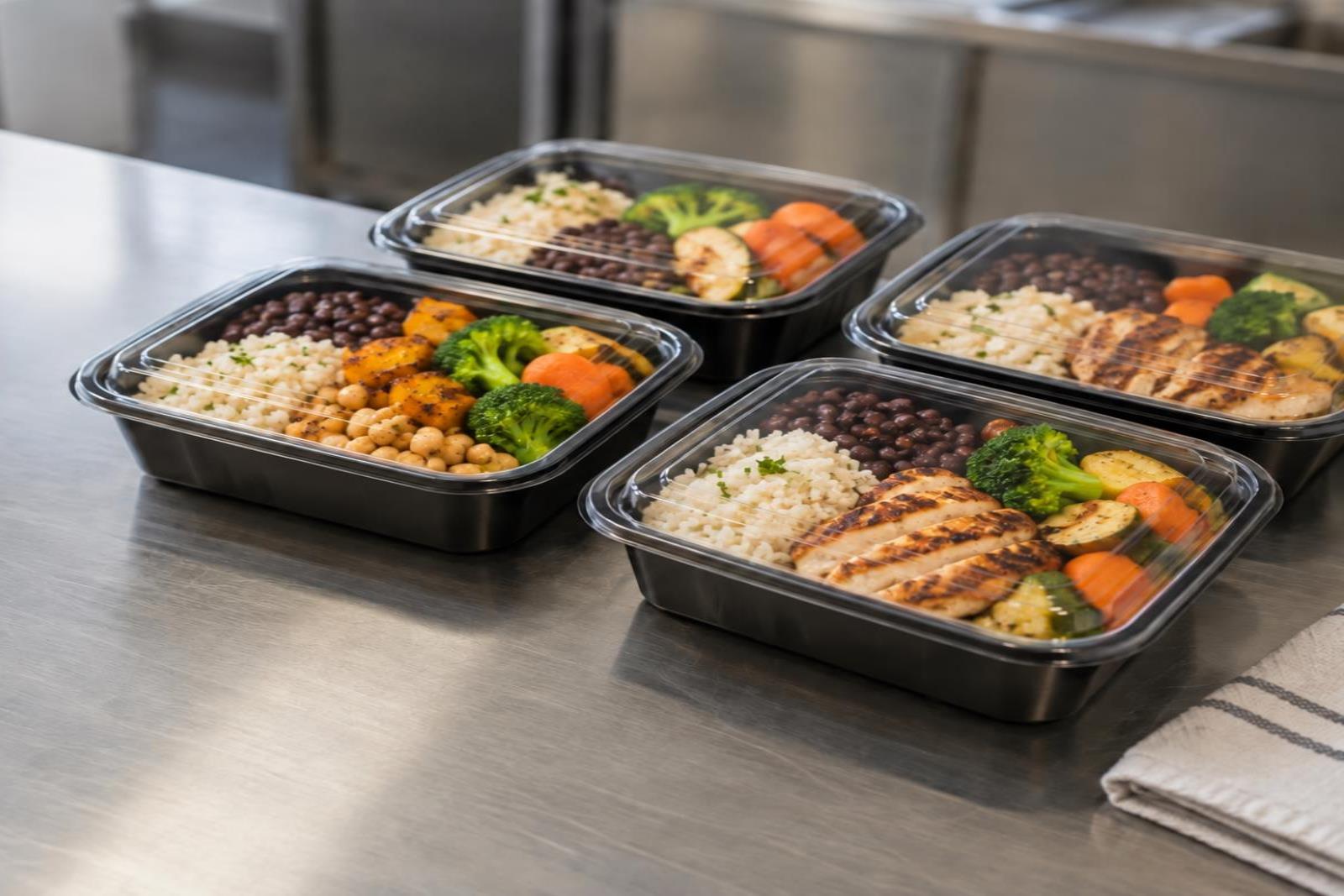 Conjunto de marmitas prontas; uma opção vegetariana com legumes, abóbora e grão-de-bico.