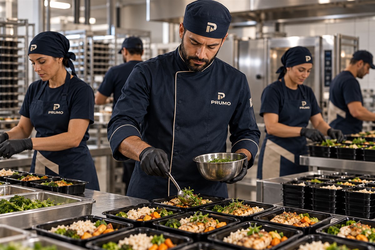 Equipe PRUMO em produção de refeições em larga escala, com uniformes oficiais.