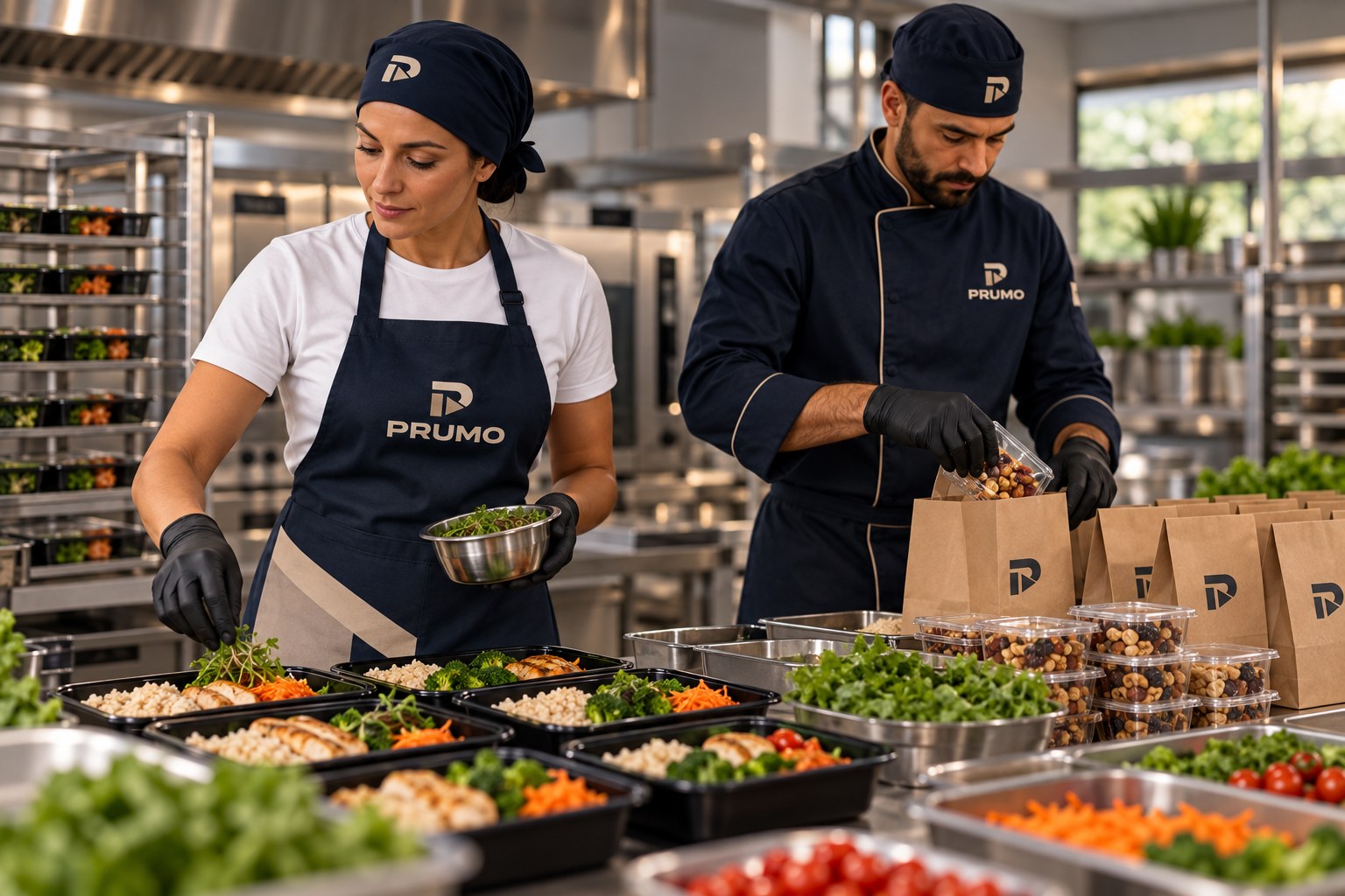 Equipe PRUMO prepara refeições e kits de lanche com uniformes oficiais em cozinha profissional.